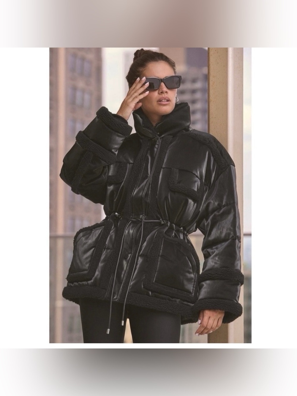 Alo Yoga Ice Breaker Oversized Satin Faux Leather Sherpa Puffer Jacket Size Med